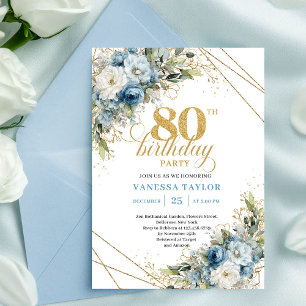 Convite Elegante de 80 Anos com Florais Azul Empoe