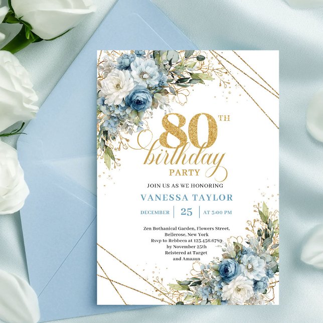 Convite Elegante de 80 Anos com Florais Azul Empoe (Celebrate a milestone in style with this boho 80th birthday invitation, featuring watercolor dusty b)