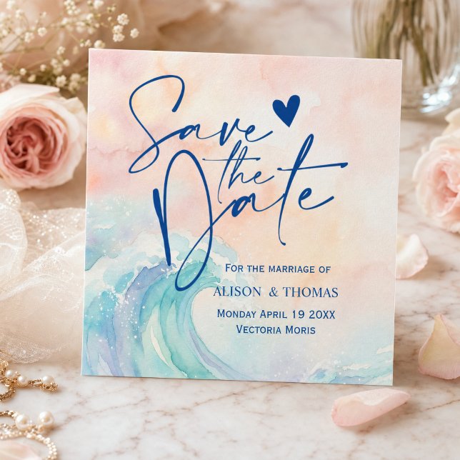 Convite Elegante de Aquarela Pastel | Rosa Suave  (#savethedate #beachsavethedate #blushpinkbluewaves #watercolorwaves #wavesweddingcard #weddingcards)