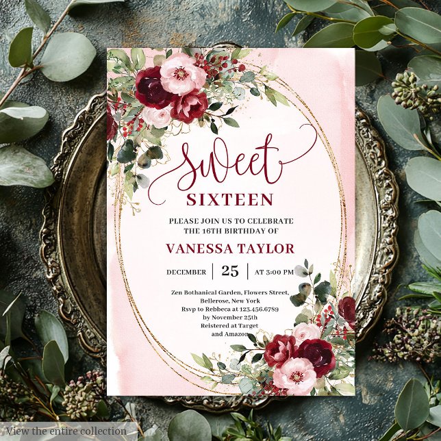 Convite Elegante de Burgundy e Rosa para Festa de  (Elegant Boho Blush Burgundy Floral Sweet Sixteen Invite

)