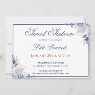 Convite Elegante de Floral Azul para Sweet 16
