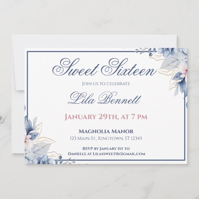 Convite Elegante de Floral Azul para Sweet 16 (Frente)