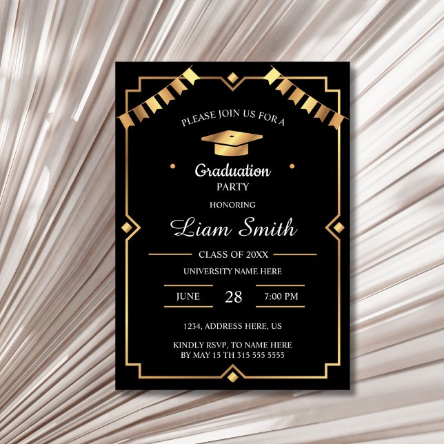 Convite Elegante de Graduação Preto e Dourado (Elegant Black and Gold Graduation Party Card Invitation )