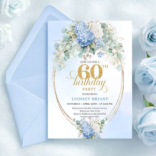 Convite Elegante de Hidrangeas Azuis empoeiradas p (Blue hydrangea 60th birthday invitation,
unique digital printable download template,
Watercolor Soft)
