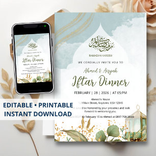 Convite Elegante de Iftar com Aquarela e Folhas de