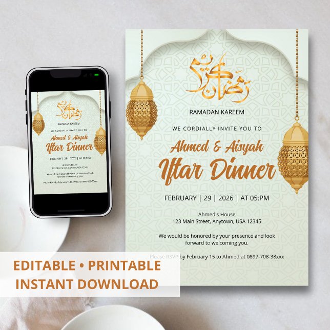 Convite Elegante de Iftar de Ramadan com Lanterna  (Criador carregado)