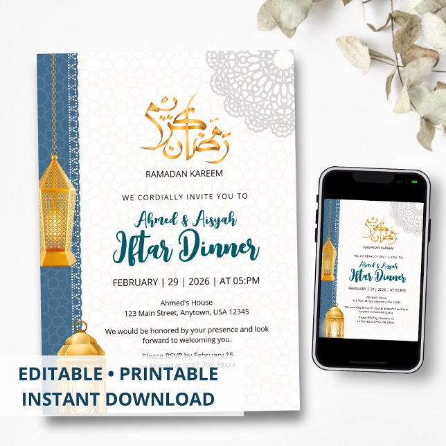 Convite Elegante de Iftar do Ramadão Islâmico Azul (Criador carregado)