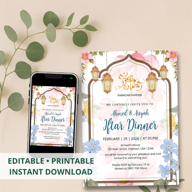 Convite Elegante de Iftar Floral em Aquarela para  (Criador carregado)
