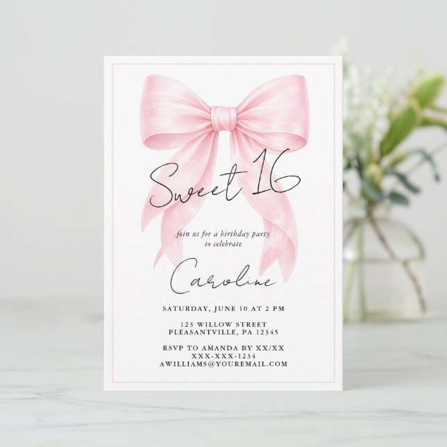 Convite Elegante de Laço Rosa para Sweet 16 (Em pé/Frente)