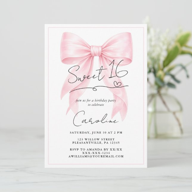 Convite Elegante de Laço Rosa para Sweet 16 (Em pé/Frente)