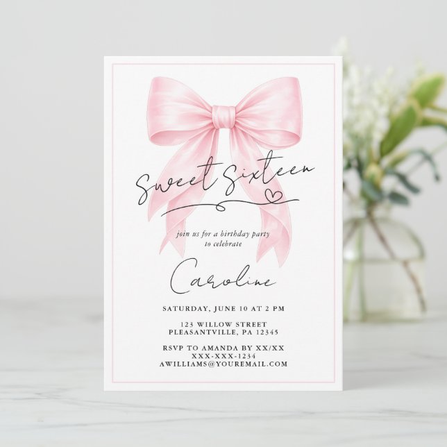 Convite Elegante de Laço Rosa para Sweet 16 (Em pé/Frente)