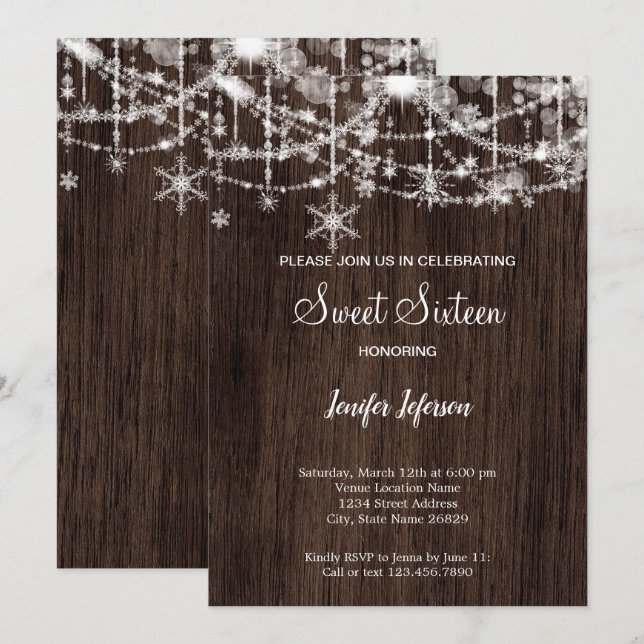 Convite Elegante de Madeira para Sweet 16 de Inver (Frente/Verso)