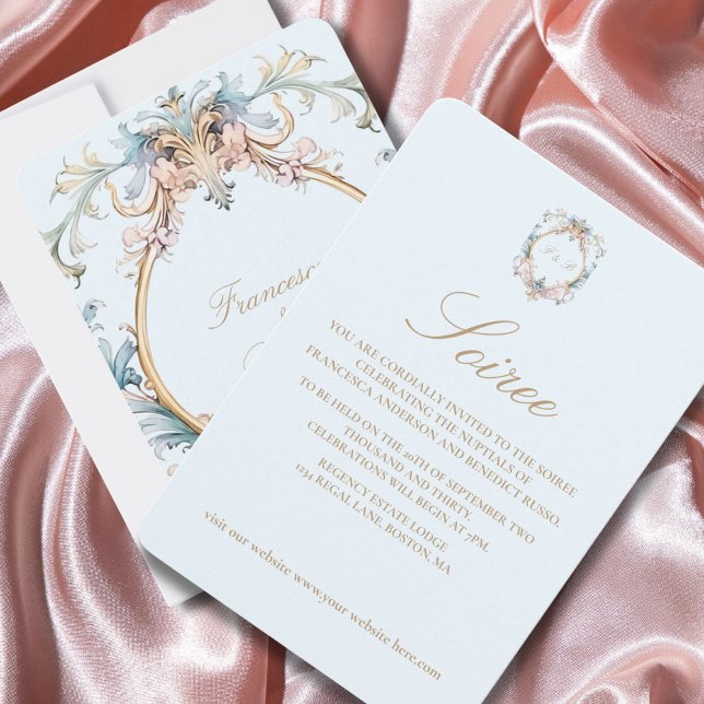 Convite Elegante De Monograma Azul De Regência De  (Criador carregado)