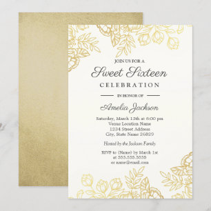 Convite Elegante de Ouro Vintage Floral para Doze