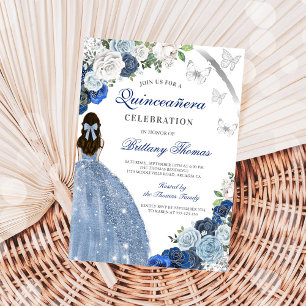 Convite Elegante de Quince Anos Floral Azul