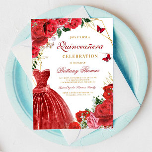 Convite Elegante de Quince Anos Floral Vermelho