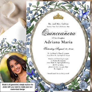 Convite Elegante de Quinceanera com Flores Azuis
