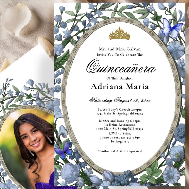 Convite Elegante de Quinceanera com Flores Azuis (Criador carregado)