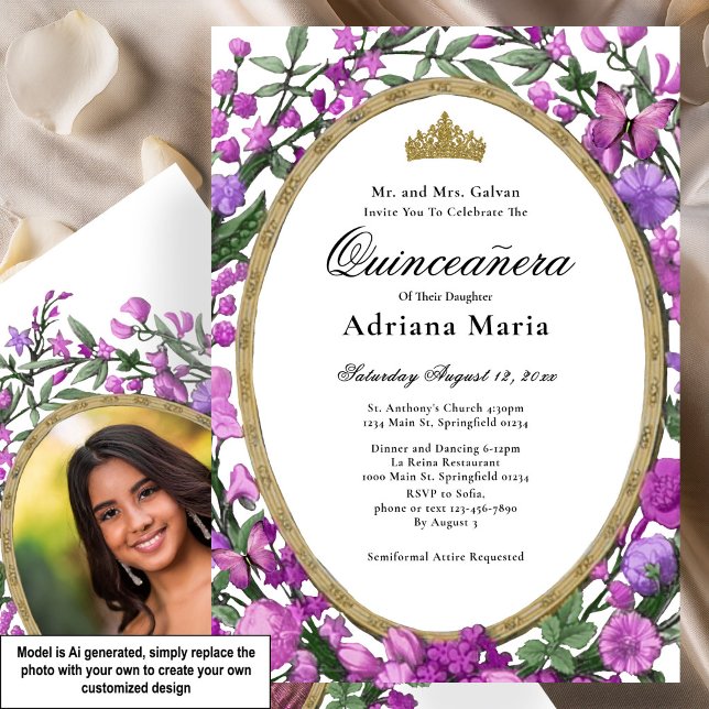 Convite Elegante de Quinceanera com Flores Rosa (Criador carregado)