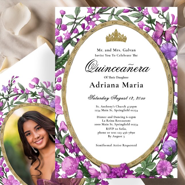 Convite Elegante de Quinceanera com Flores Rosa (Criador carregado)
