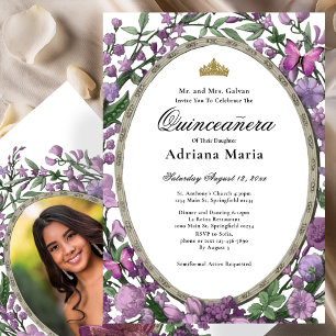 Convite Elegante de Quinceanera com Flores Rosa