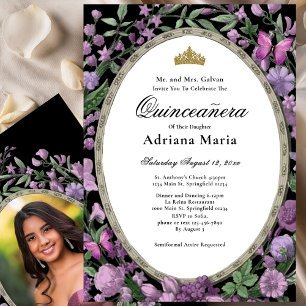 Convite Elegante de Quinceanera com Flores Rosa