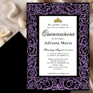 Convite Elegante de Quinceanera com Florões Roxos