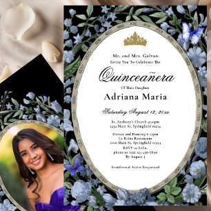 Convite Elegante de Quinceanera Floral Flores Azui