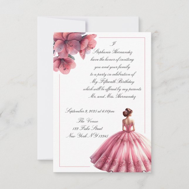 Convite Elegante de Quinceañera Princesa Rosa (Frente)