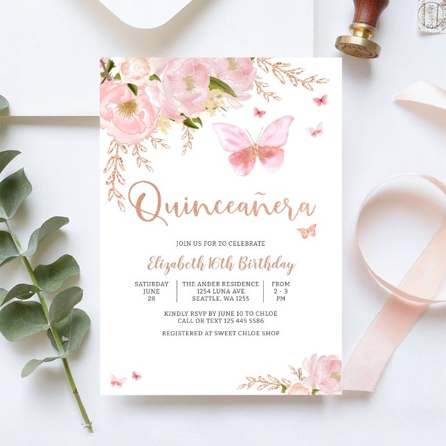 Convite Elegante de Quinceañera Rosa (Criador carregado)