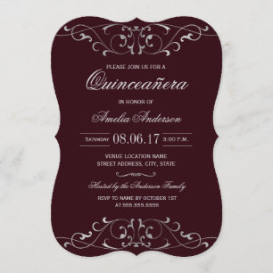 Convite Elegante De Quinceanera Silver Burgundy