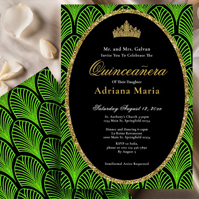 Convite Elegante de Quinze Anos em Verde Art Déco (Criador carregado)