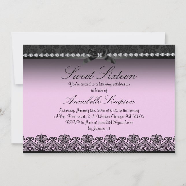 Convite Elegante de Sweet Sixteen em Renda Rosa e  (Frente)
