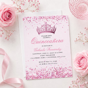 Convite Elegante de Tiara Rosa para Quinceañera