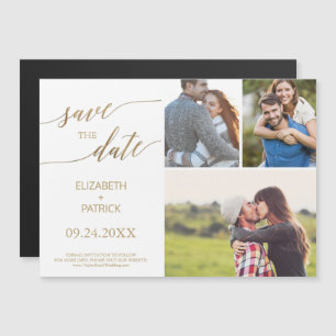 Convite Elegante Dourado Calligraphy 3 Photo Save the Date