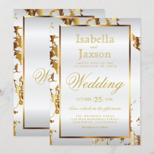 Convite Elegante Dourado para Marble e Satin Branc