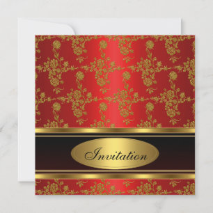 Convite Elegante Dourado Preto Floral Vermelho
