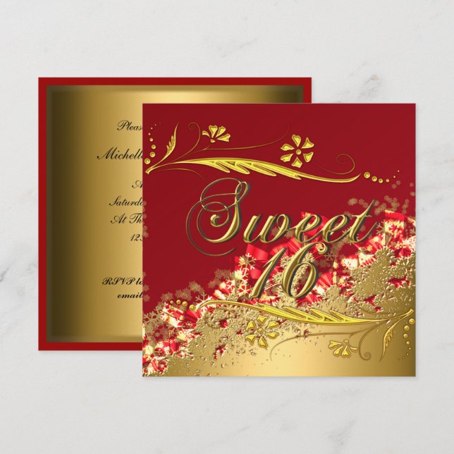 Convite Elegante Dourado Vermelho Sweet 16 (Frente/Verso)