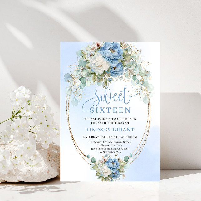 Convite Elegante Dusty Blue Peônia Dourada Sweet S (Elegant Dusty Blue Peony Gold Sweet Sixteen Invitation

)
