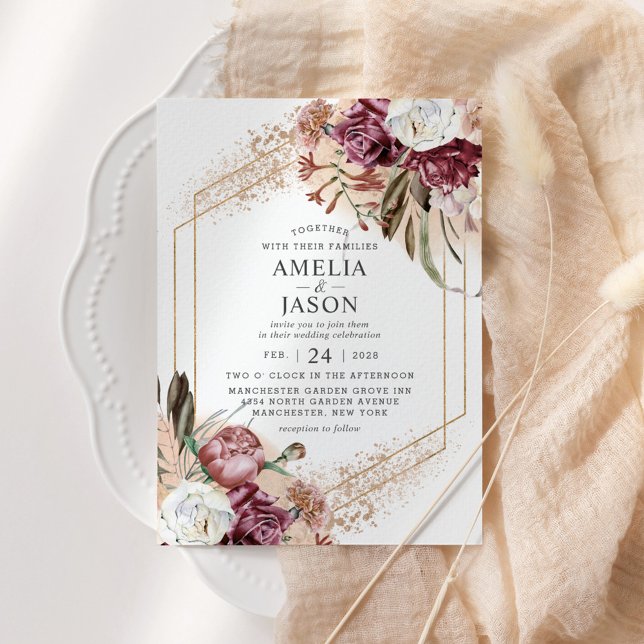 Convite Elegante Elegante Burgundy, Blush e Rosa D (Criador carregado)