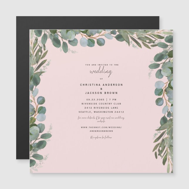 Convite Elegante Eucalyptus Blush Wedding II Magnético (Frente/Verso)