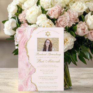 Convite Elegante Festa de Bat Mitzvah em Rosa e Ouro com Á