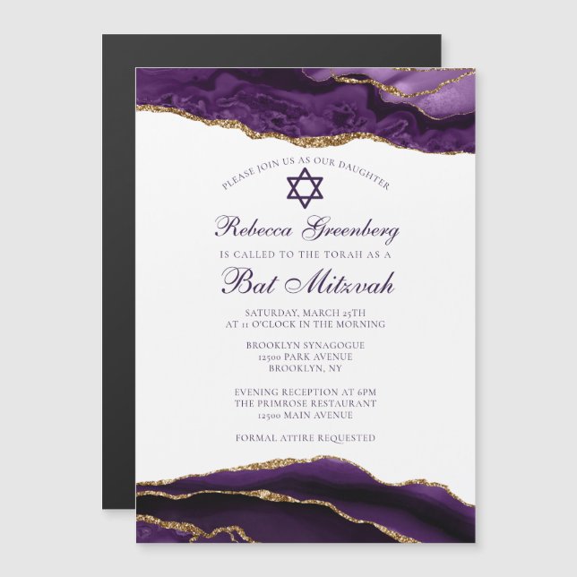 Convite Elegante Festa de Bat Mitzvah Glam Purple Gold (Frente/Verso)