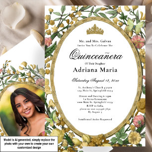 Convite Elegante Floral Quinceanera Amarelo Dourad