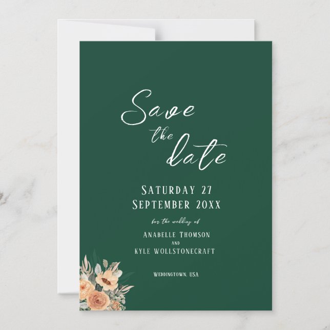 Convite Elegante floral verde escuro Save the Date (Frente)