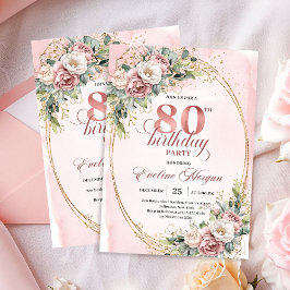 Convite Elegante Floral Verde Rosa Dourado 80 Anos