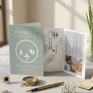 Convite Elegante Foto de Passaporte Verde Sage para Churra
