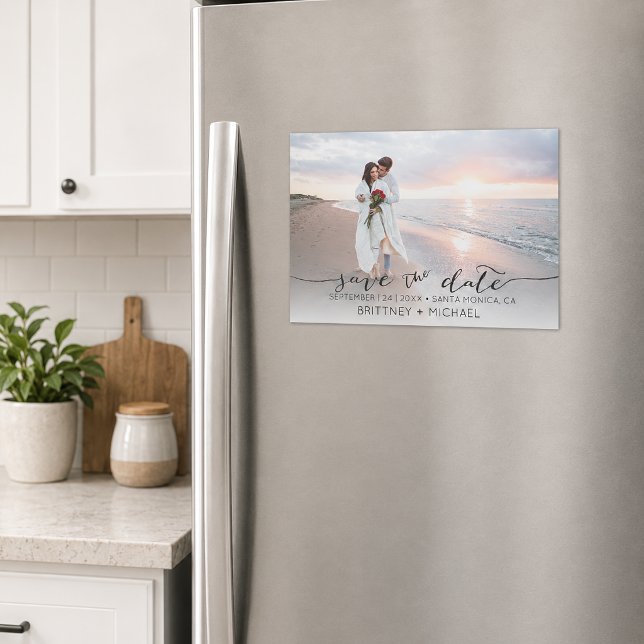 Convite Elegante Foto Save the Date (Elegant save the date magnet featuring romantic handwritten script typography)