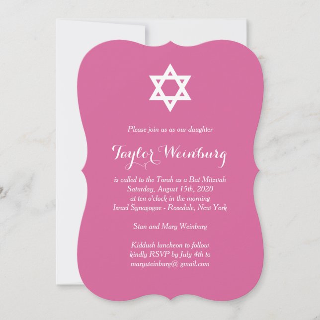 Convite Elegante Fuchsia Bat Mitzvah (Frente)