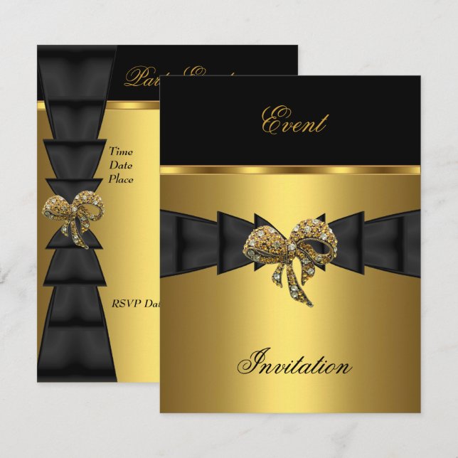 Convite Elegante Jóia Arco Preto Dourado (Frente/Verso)